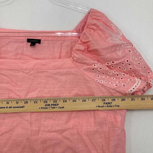 Talbots Large Pink Linen Blend Square Neck Top Embroidered Pineapple Vacation - Picture 7 of 12